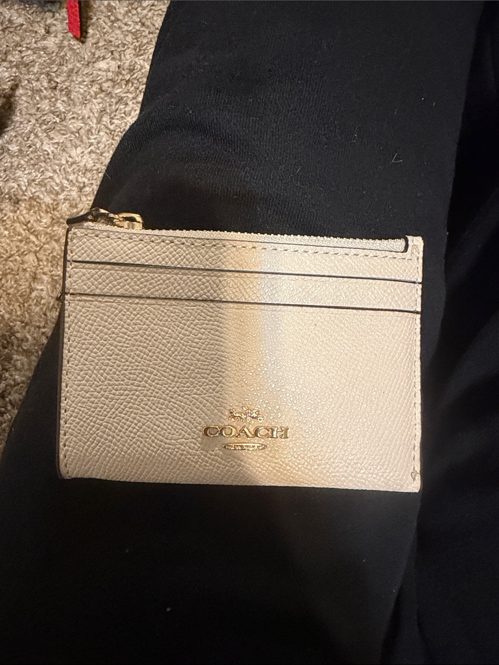 Coach Pebbled Leather Card Case in Light Beige with Gold Logo
